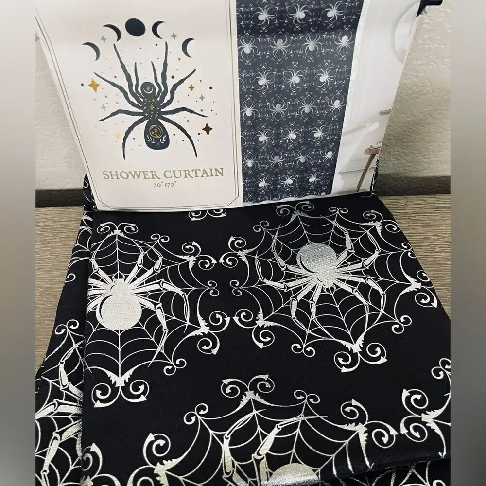 Halloween Spiderweb Black Silver Metallic Shower Curtain